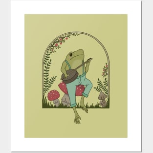 Cottagecore: A Funny Frog Harmoniously Playing Banjo Guitar in the Countryside Posters and Art